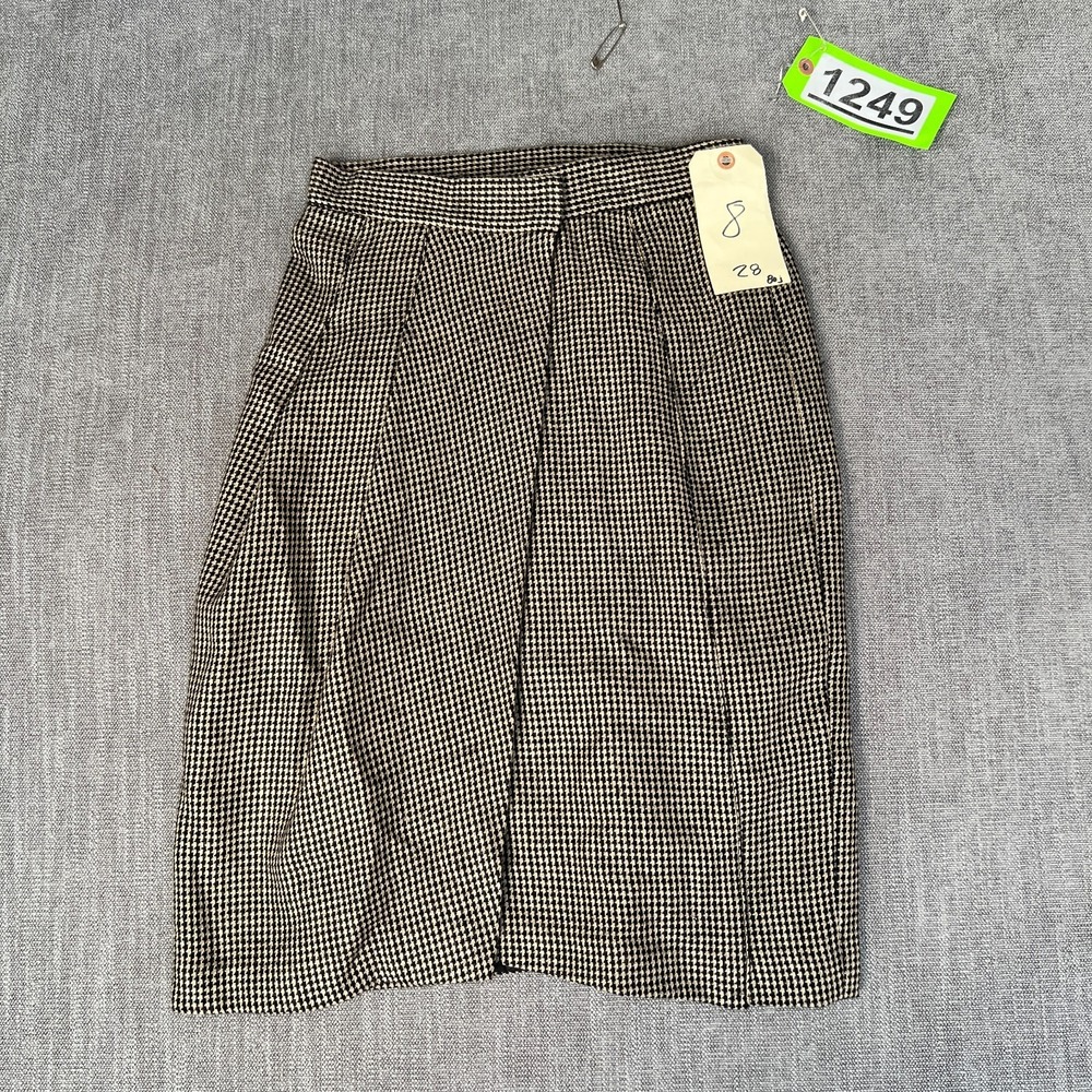Vintage Women Pencil Skirt 8 Multi Houndstooth Wool Office Career Academia Retro